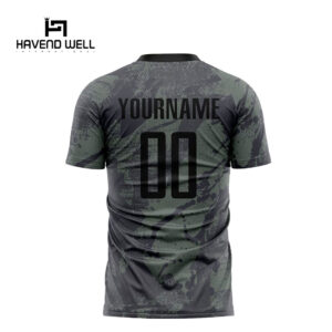 Custom soccer kits with logos and player names.