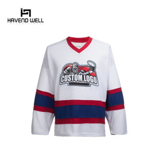 Customizable ice hockey uniform with team logo and name.