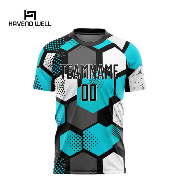 Custom soccer kit featuring player number and team logo.