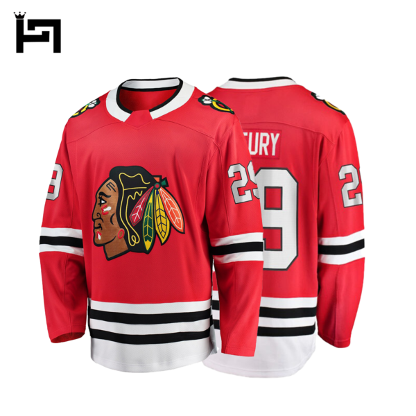 Custom ice hockey jerseys with bold team logos and vibrant colors.