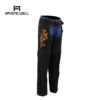 Custom textile biker chaps with personalized embroidery.