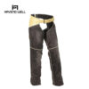 Custom denim and leather biker chaps with custom branding.