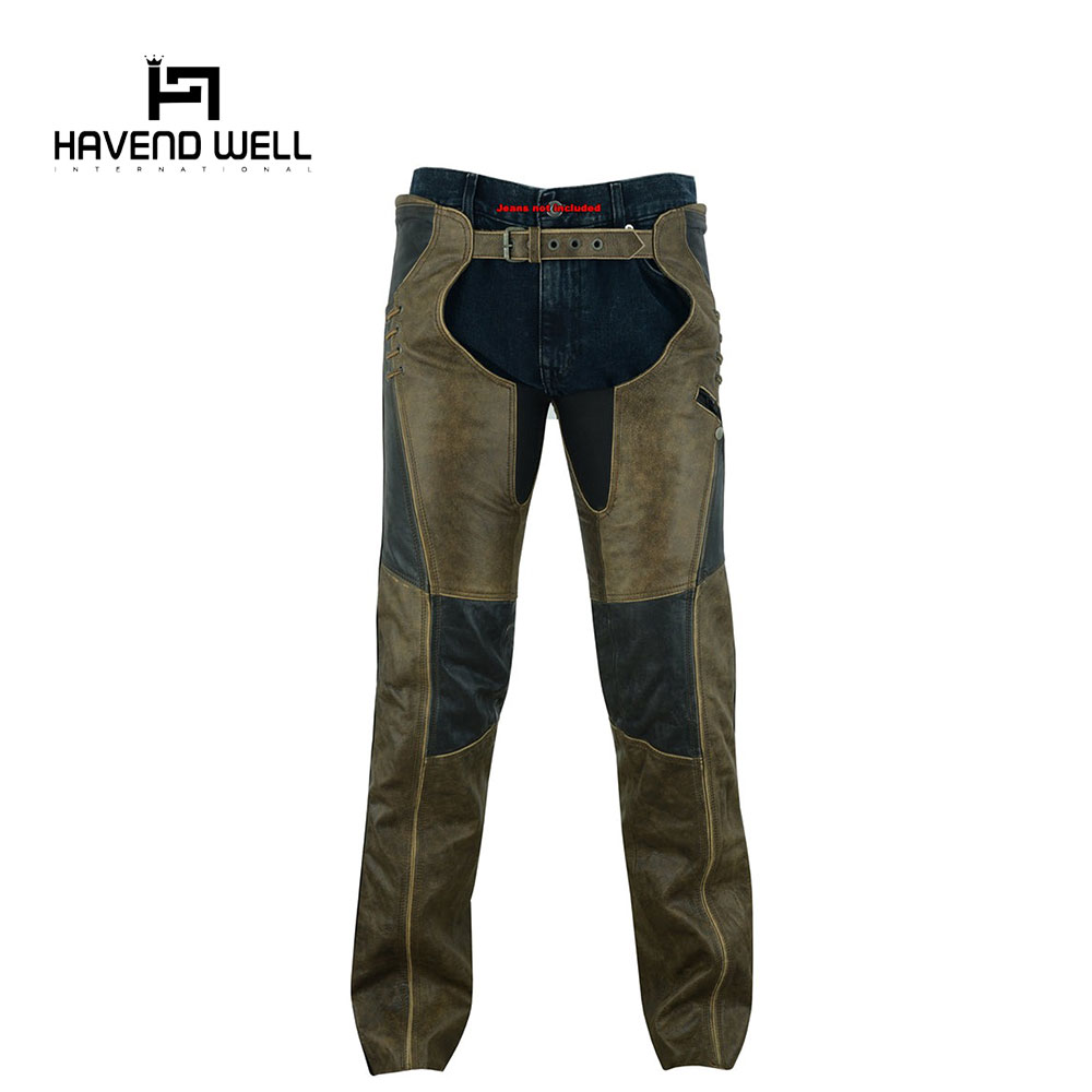 Premium leather biker chaps with custom branding.