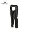 Classic leather motorcycle chaps with adjustable straps and custom branding.