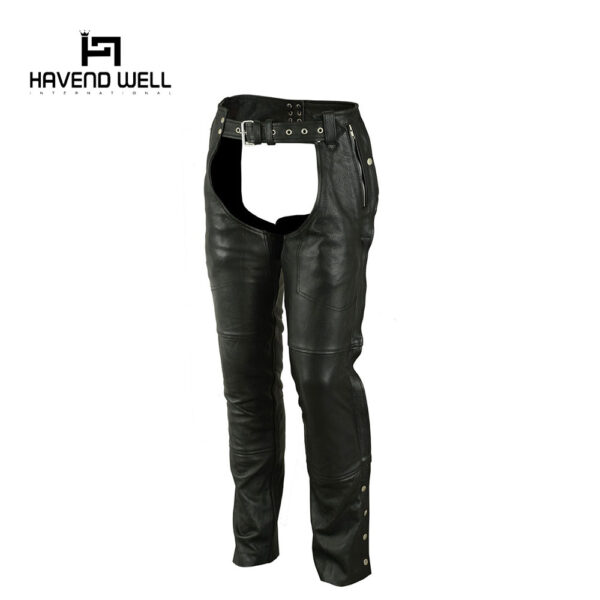 Classic leather motorcycle chaps with adjustable straps and custom branding.