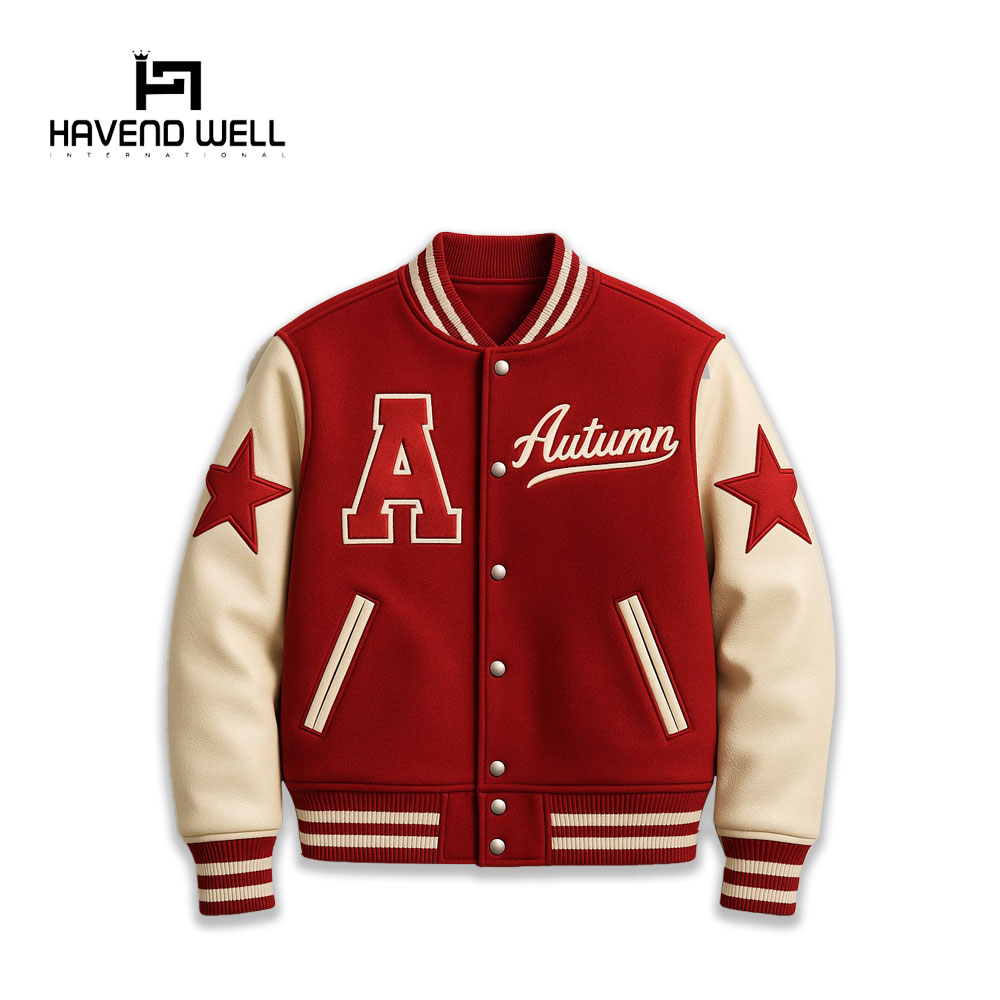 Custom varsity jacket with chenille letter patch and leather sleeves